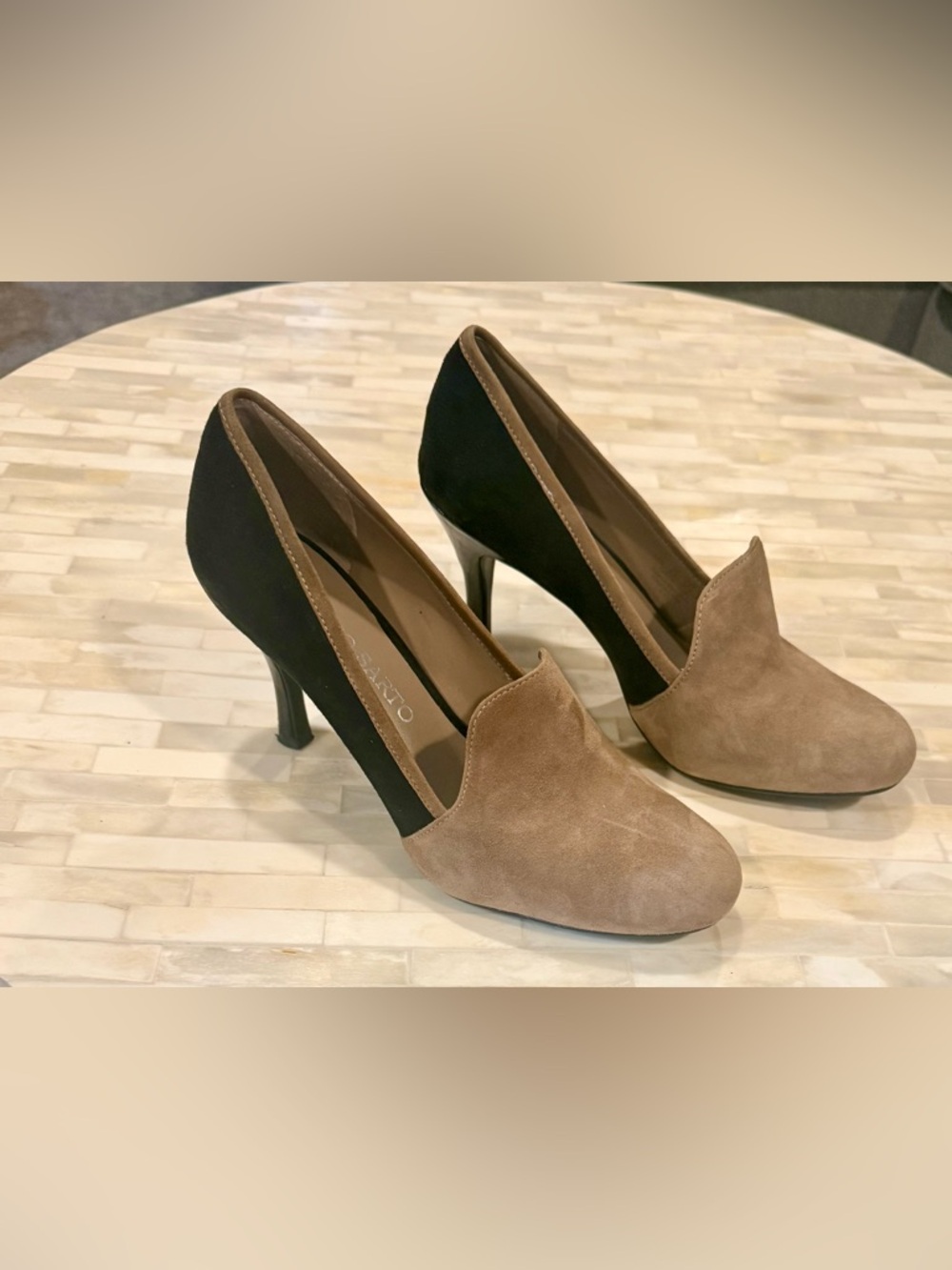Franco Sarto Two-Tone Tan and Black Suede Heels